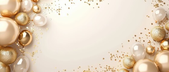 Glossy 3D birthday banner with elegant golden decorations and balloons, white background, text space