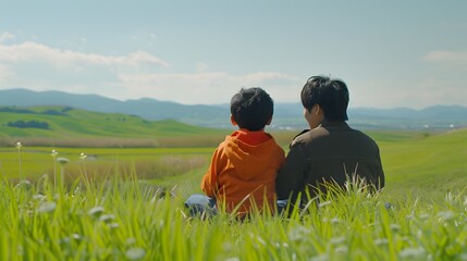 Naklejka premium 草の上に座る日本人の父と息子