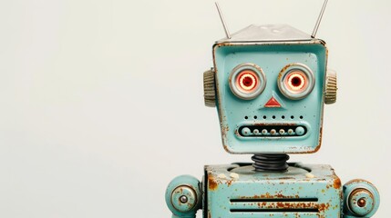 A whimsical vintage robot with a smiling face and lightup eyes isolated on a white background