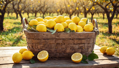 Fresh ripe Lemon in basket in the garden. Freshly harvested Lemon nestled in a charming basket. This horizontal banner poster showcases the bounty of a fall garden with vibrant Lemon.