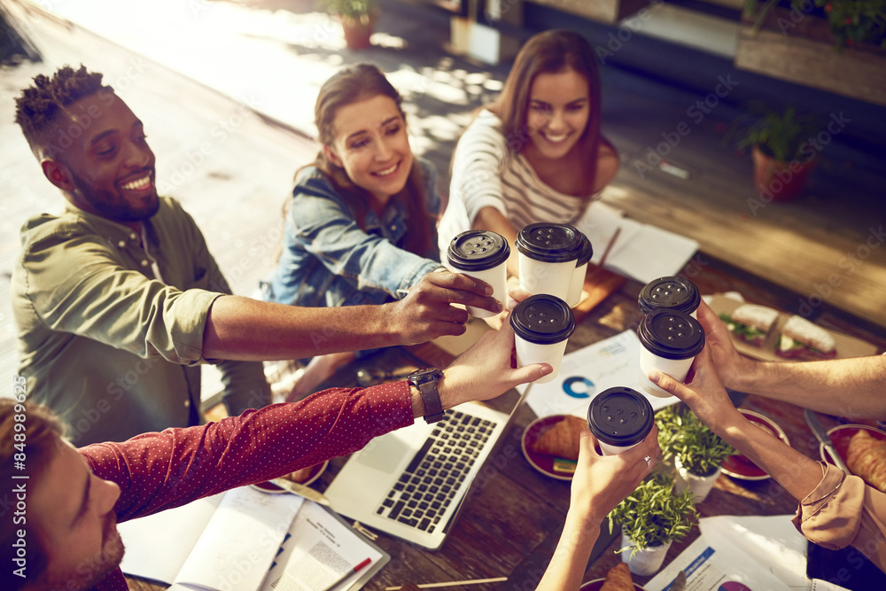 Poster Business people, coffee and cheers with top view in cafe for celebration, company success and financial growth. Team, employees and work social with toast for sales target, data analysis and profit