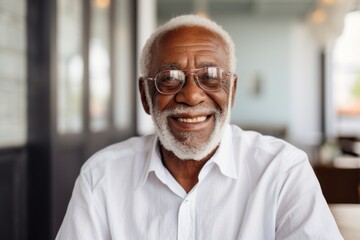 Obraz premium Portrait of a cheerful afro-american elderly man in his 90s wearing a classic white shirt isolated on scandinavian-style interior background