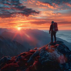Fototapeta premium Lone Hiker Enjoying Breathtaking Sunset Atop Mountain Ridge