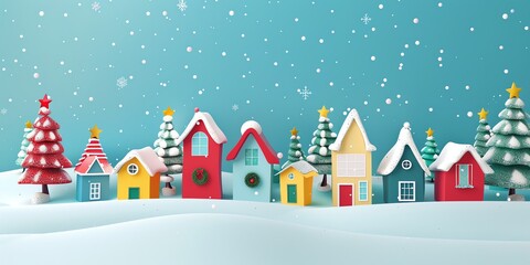 Obraz premium 3d, a greeting card with houses and trees in the snow, colorful cartoon illustration of smiling characters, bold lines, simple shapes, flat design, textured illustrations, Christmas theme,