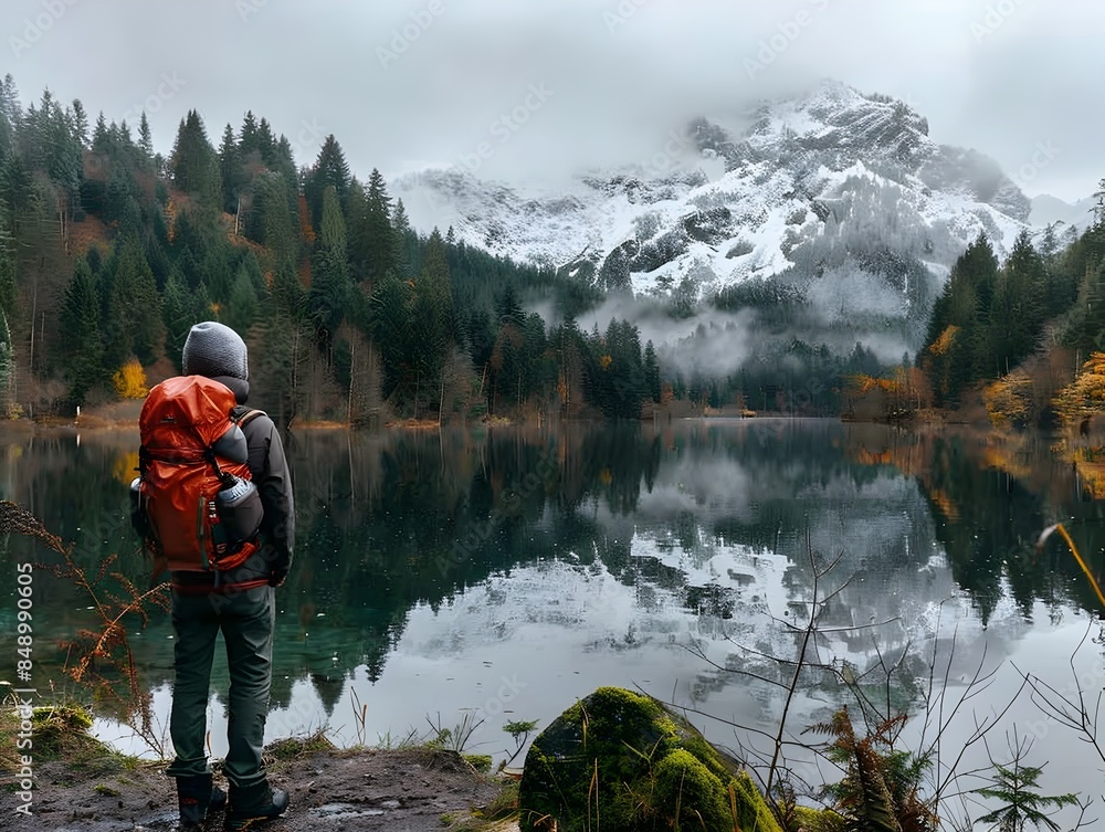 Poster serene hiker enjoying tranquil autumn landscape by misty mountain lake