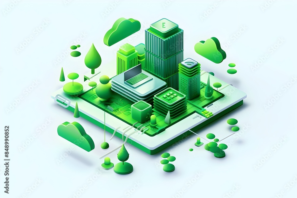Poster green isometric website development and assurance block icon on white background