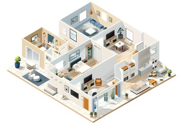 Obraz premium Detailed Digital Building Plan Showcasing Available Rooms with Isometric Graphics Style on White