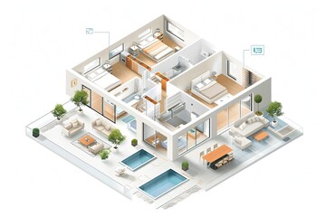 Naklejka premium Detailed Digital Building Plan Showing Available Rooms in Isometric Graphics Style on White
