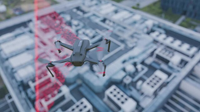 Drone performing a roof inspection and 3D scanning. An ideal solution for monitoring the condition of buildings and urban infrastructure using advanced technologies.