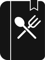 Black cookbook icon featuring a bookmark and crossed cutlery, representing recipes and culinary arts