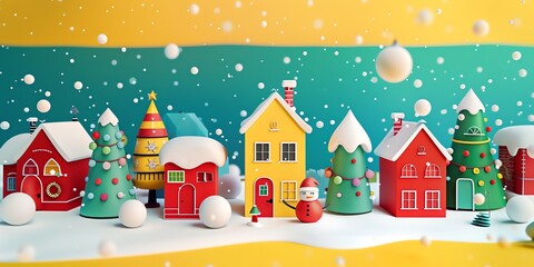 Obraz premium 3d, a greeting card with houses and trees in the snow, colorful cartoon illustration of smiling characters, bold lines, simple shapes, flat design, textured illustrations, Christmas theme,