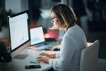 Computer screen, night and business woman with data analytics, spreadsheet and statistics report...