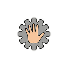Hand with gear icon. Colored vector illustration on a white background.