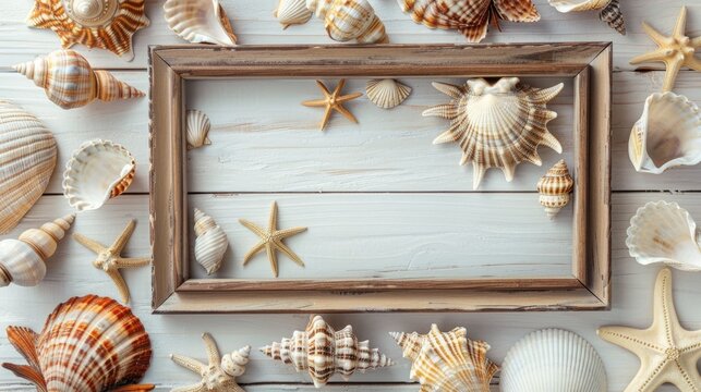 Summer composition. Different shells and a wooden frame on a white wooden background. Top view, a place to copy. The concept of rest and vacations.