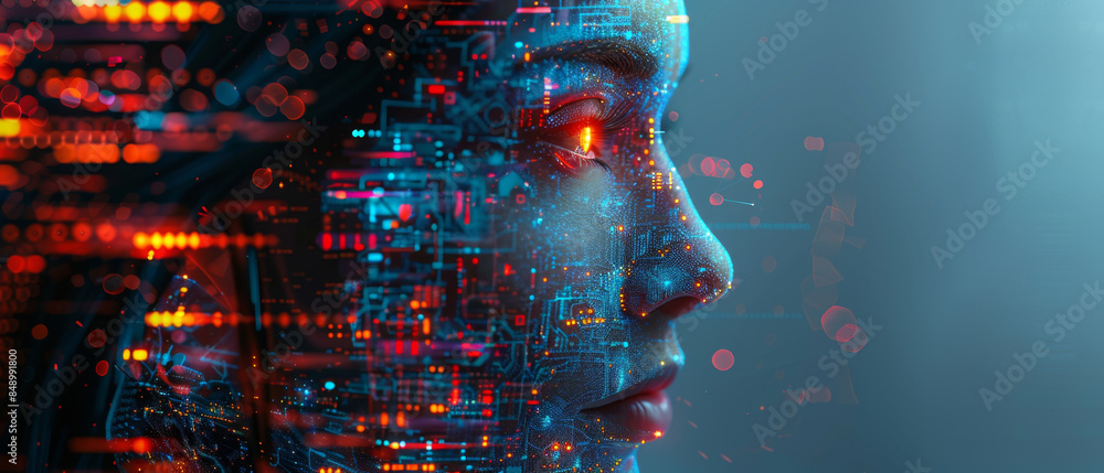 Poster visionary ai merges with abstract elements in unique digital face portrayal.