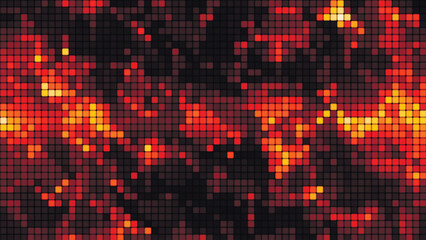 Fire mosaic background in technology concept. Abstract multicolored LED squares. Technology digital square yellow color background. Bright pixel grid background. Vector background