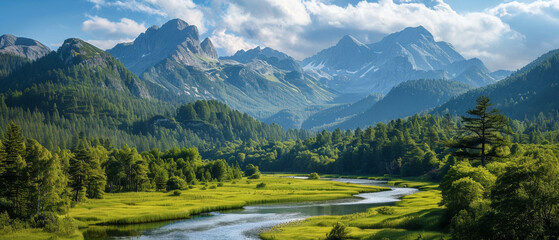 Fototapeta premium Explore rugged peaks, lush forests, winding rivers in serene mountain valley. Nature at its finest.