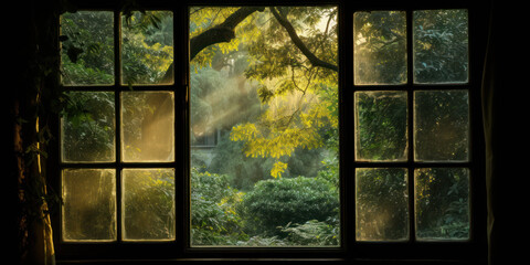 Window In Old Room With Lush Green Forest View. Garden From Inside. Generative AI