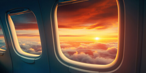 Fototapeta premium Sunset View from Airplane Window Overlooking Cloudy Skies. Aerial View of Sunset and Cloudscape from Airplane. Generative AI