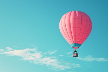 Fototapeta premium A pink hot air balloon floats in a blue sky.