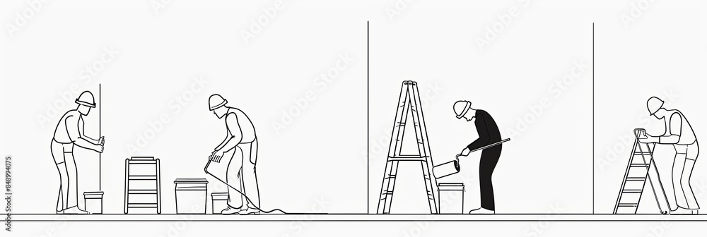Poster a single-line drawing depicts four painters working on a home renovation project. they are preparing