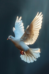 Fototapeta premium Graceful white dove symbolizing peace and freedom soaring against a dramatic blue sky.