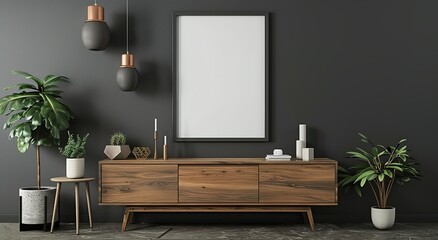 Ultra-realistic 4K rendering of a minimalist black frame mockup on a dark grey wall, near a wooden sideboard with decor and a lamp. High detail closeup, embodying sleek and modern design .