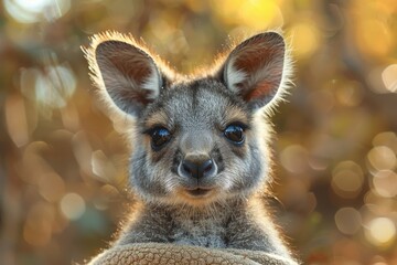 Obraz premium Baby Kangaroo: A tiny baby kangaroo, or joey, peeking out from its mother's pouch in the Australian outback.