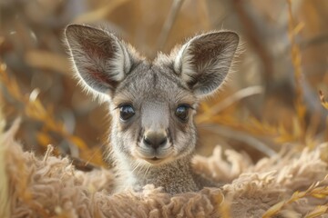 Fototapeta premium Baby Kangaroo: A tiny baby kangaroo, or joey, peeking out from its mother's pouch in the Australian outback.