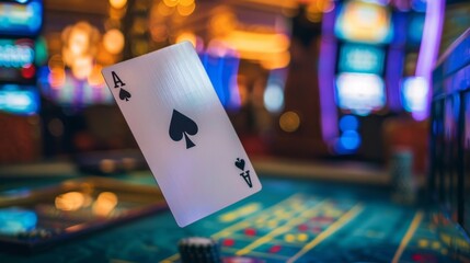 Mysterious Ace of Spades in Flight through Smoky Casino