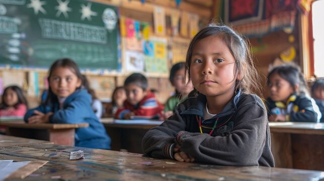 A classroom setting where indigenous children are being taught in their native language, highlighting efforts to preserve linguistic heritage and educational rights