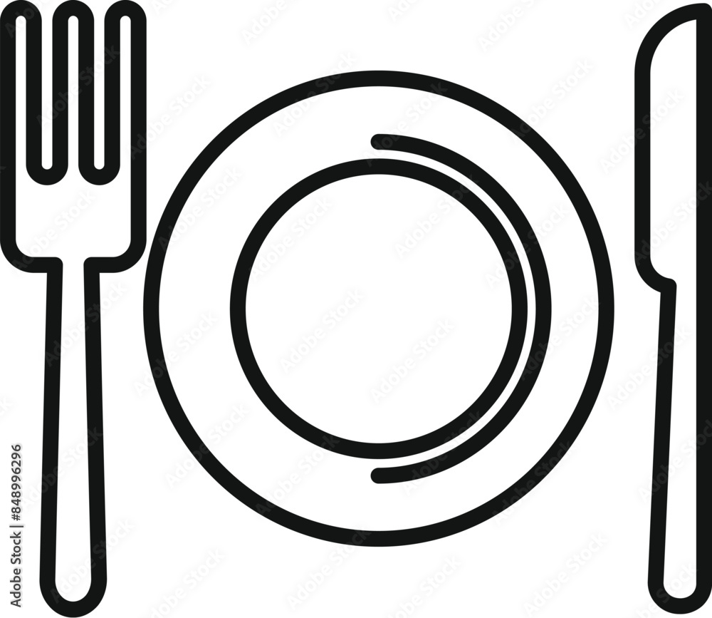 Poster simple line drawing of an empty plate with fork and knife, conveying a concept of dining or mealtime
