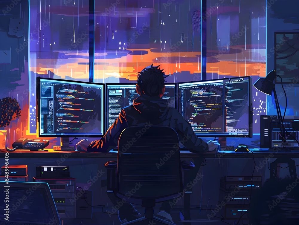 Poster programmer burning the midnight oil in a futuristic workspace with multiple screens and notes