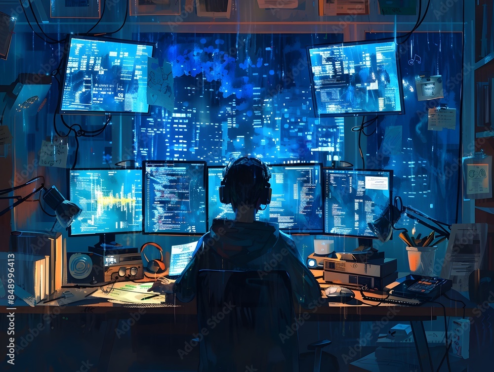 Poster dedicated programmer working late into the night surrounded by multiple screens and notes representi