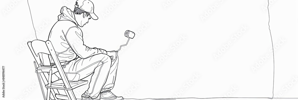 Poster a continuous line drawing of a painter decorator sitting on a chair holding a paint roller. generati