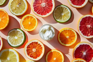 Jar of cream surrounded by colorful citrus slices.