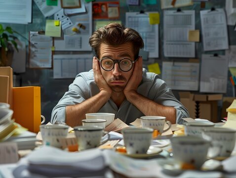 Exhausted Office Worker Surrounded by Clutter and Paperwork Struggles to Meet Deadlines