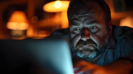Obraz premium Exhausted Professional Working Late at Night on Laptop in Dimly Lit Office
