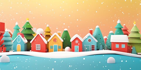 3d, a greeting card with houses and trees in the snow, colorful cartoon illustration of smiling characters, bold lines, simple shapes, flat design, textured illustrations, Christmas theme,