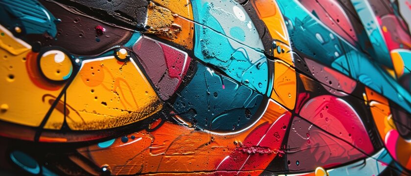 Closeup of a graffiti mural, vibrant spray paint work