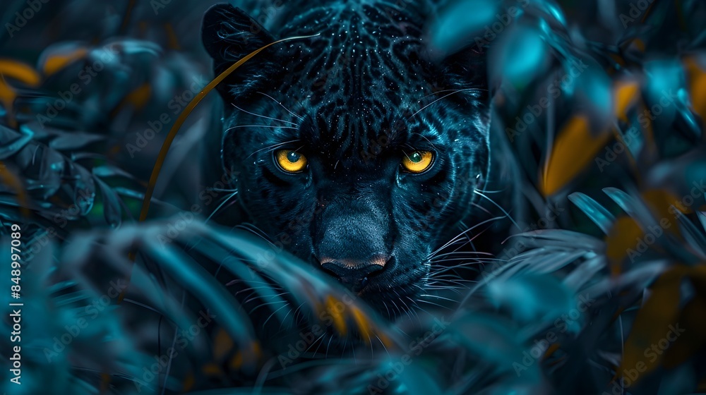 Wall mural Mysterious Black Panther Prowling Through Jungle at Night with Piercing Yellow Eyes