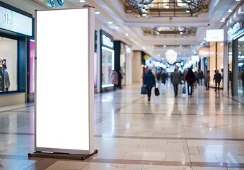 Blank white roll-up banner mockup in an empty shopping mall with soft lighting and neutral background. Positioned at eye level on its stand, it serves as a versatile template for digital marketing .