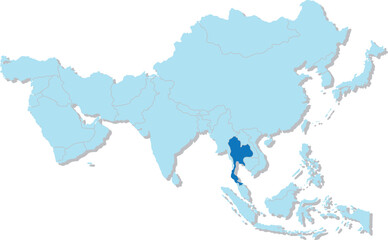 Highlighted blue map of THAILAND inside light blue 3D blank political map of Asia orthographic projection on transparent background, without Russia