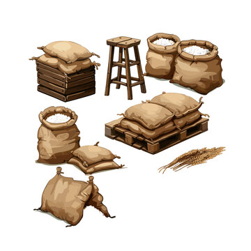 Rice in burlap sack, wooden pallets and measuring spoon vector set isolated