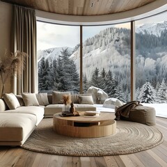 Scandinavian Home Decor: Minimalist Living Room Design with Round Wooden Coffee Table, Beige Sofa, Armchair, Winter Mountain View