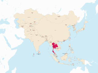 Highlighted red map of THAILAND inside light red detailed political map of Asia using orthographic projection on white and blue background