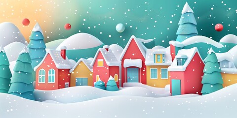 Fototapeta premium 3d, a greeting card with houses and trees in the snow, colorful cartoon illustration of smiling characters, bold lines, simple shapes, flat design, textured illustrations, Christmas theme,