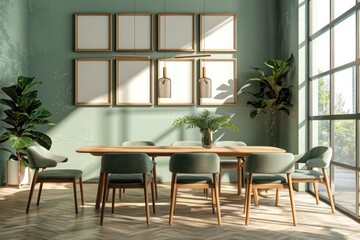 Scandinavian style dining room with wooden table, sofa and chairs by window, and pastel green wall adorned with frames for a modern look
