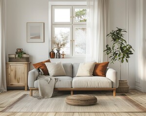 Modern living room interior design: Studio apartment featuring a grey sofa positioned against window alongside a wooden cabinet for a minimalist aesthetic