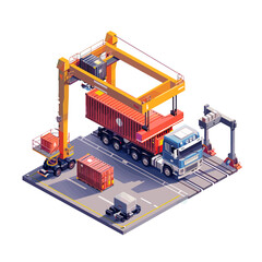 pixel art isometric container truck being lifted in the style of crane on dock, mobile game asset icons